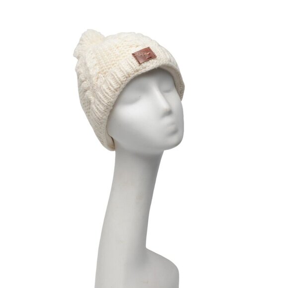 Cable Knit Winter Hat Toque & Mittens Pom Cream Leather Elk Deer Antler Patch - Picture 8 of 10